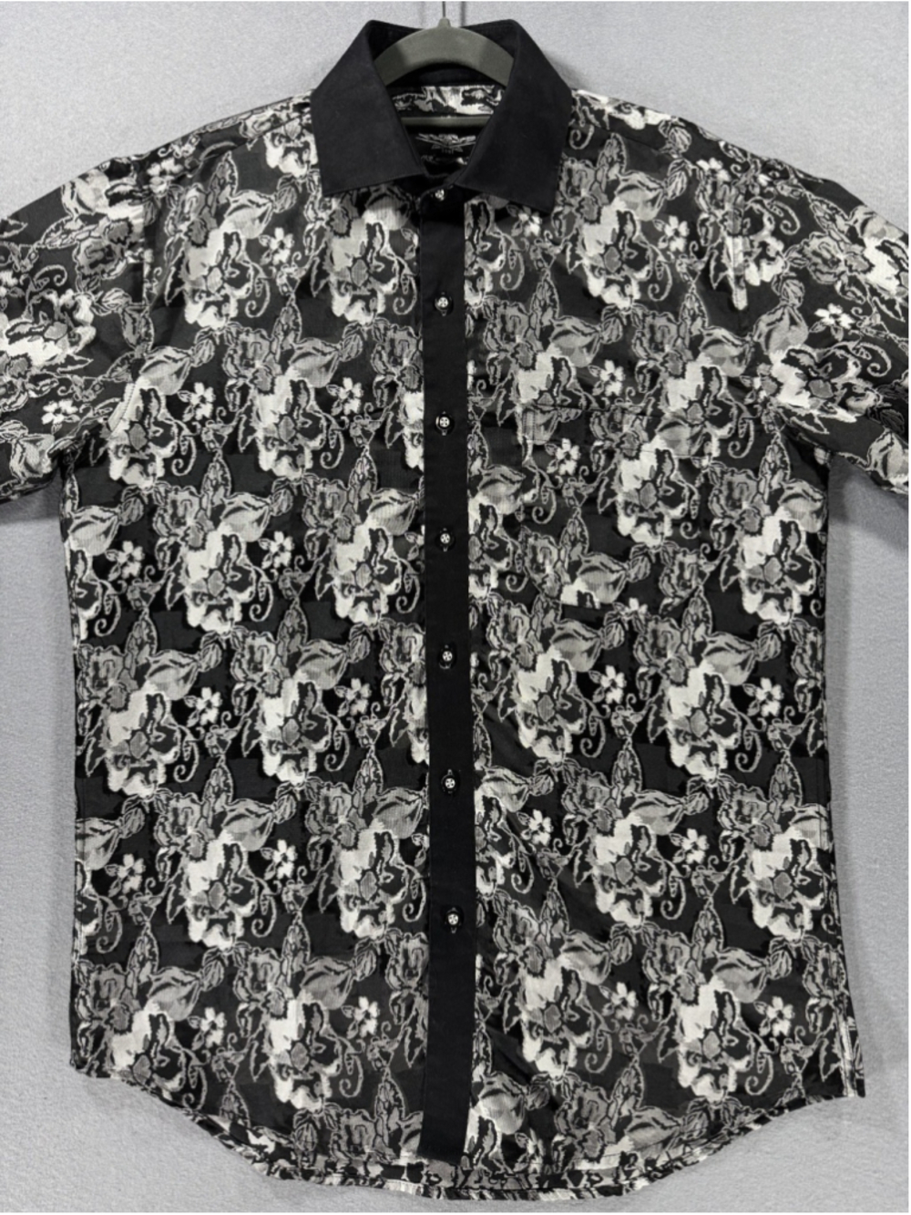 El General 1901 Mens Medium Satin Brocade Flower Pattern Button Down Shirt Black